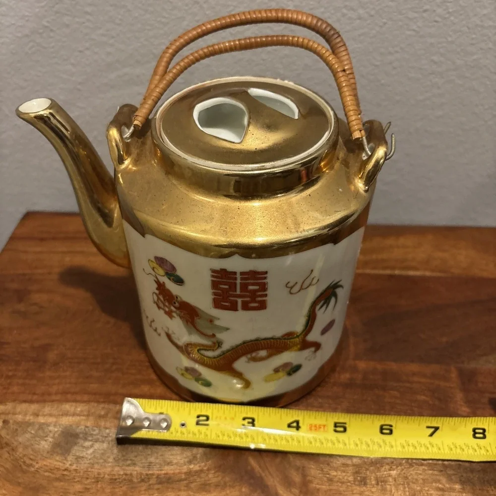 Chinese Vintage Porcelain Dragon & Phoenix Teapot Gold Trim Bamboo Handles